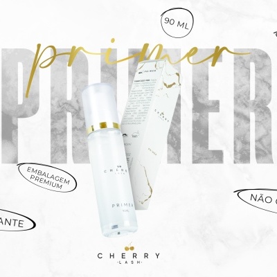 Dois frascos de primer Cherry Skin sobre fundo branco com texto descritivo em português