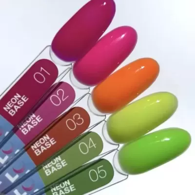 Mostruário de cores de verniz de unhas neon em cinco tons diferentes.