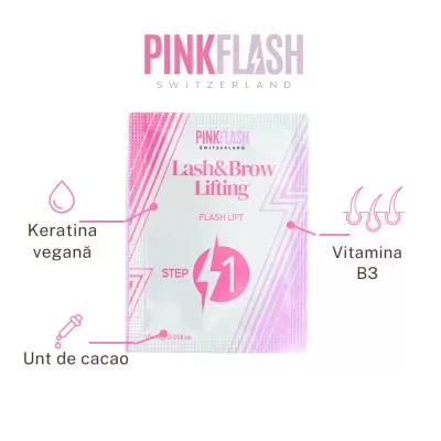 Pacote de Lash&Brow Lifting Pink Flash em branco e rosa com indicações de ingredientes