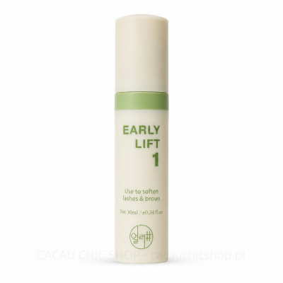Frasco cilíndrico branco com texto verde e tampa, produto cosmético para pestanas e sobrancelhas
