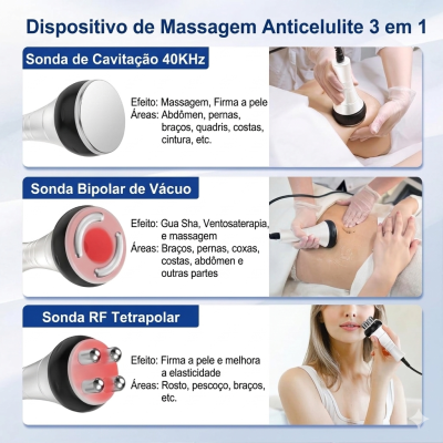Dispositivo de Massagem Anticelulite 3 em 1 com três sondas e imagens do seu uso em diferentes partes do corpo.