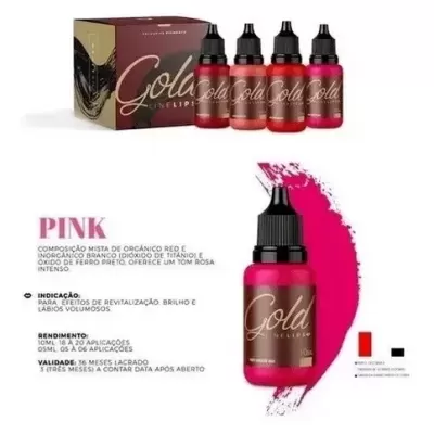 Conjunto de tintas para lábios Gold apresentadas com caixa e texto explicativo em fundo branco