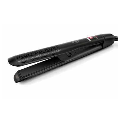 Prancha alisadora de cabelo preta com placas retas e desenho geométrico