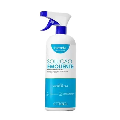 Frasco de solução emoliente branco e azul com spray para limpeza de pele