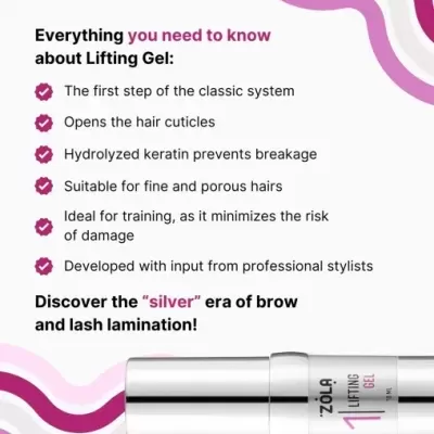 Texto explicativo sobre Lifting Gel e frasco prateado do produto ZOLA LIFTING GEL 1