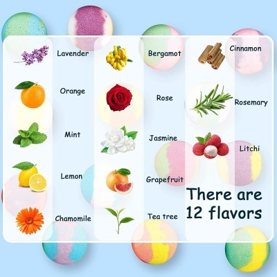 12 sabores representados por bolinhas coloridas e nomes em inglês num quadro branco