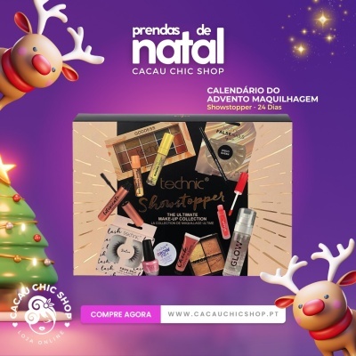 Calendário do advento de maquilhagem Technic com vários produtos e tema natalício em fundo roxo