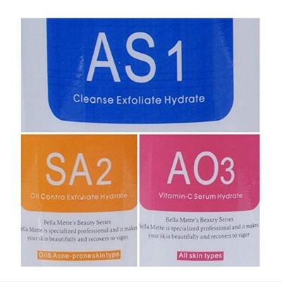 Pacotes coloridos de produtos de beleza da Bella Mette's Beauty Series com texto AS1, SA2 e AO3