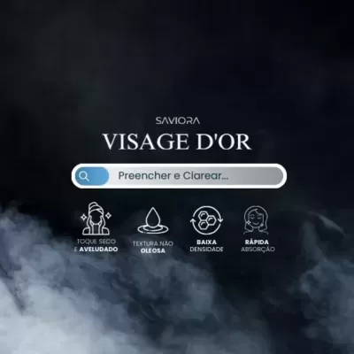 Promoção VISAGE D'OR da SAVIORA com características do produto numa barra de pesquisa, fundo escuro com neblina