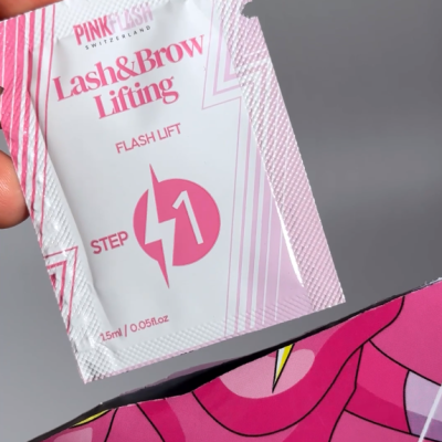 Pacote de produto Lash&Brow Lifting da Pinkflash em rosa e branco