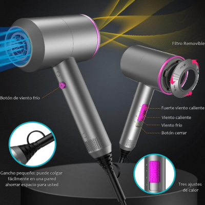 Secador de cabelo cinza com detalhes rosa e texto em espanhol sobre funcionalidades