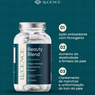 Frasco de suplemento alimentar Lucence Beauty Blend com 60 cápsulas e texto explicativo