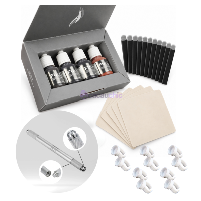 Conjunto de micropigmentação com pigmentos, aplicadores, almofadas, argolas e ferramenta de aço