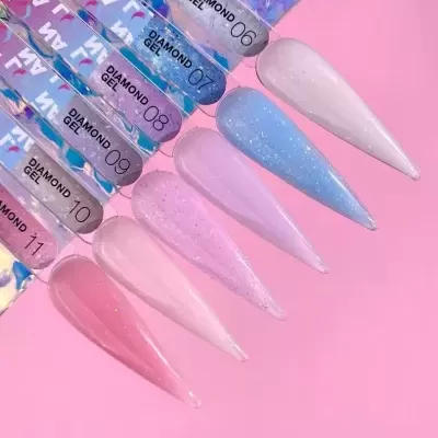 Amostras de verniz para unhas DIAMOND GEL em tons pastel com glitter