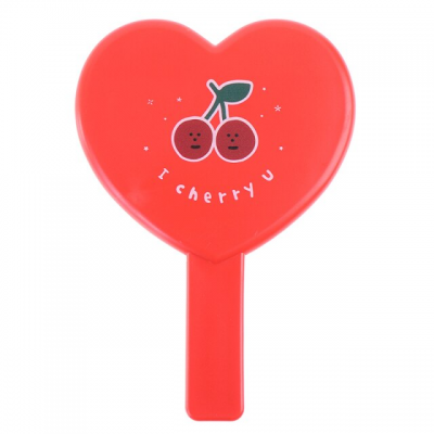 Espelho vermelho em forma de coração com desenho de duas cerejas e texto 'I cherry U'.