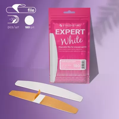 Pacote rosado Staleks Pro Expert White com lixas de unha descartáveis e uma lixa branca e castanha na frente