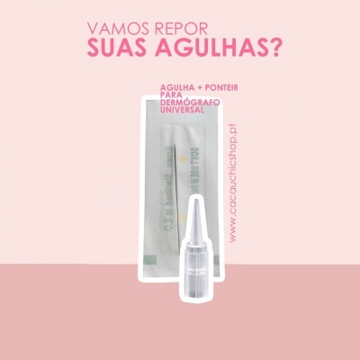 Ponteira para dermógrafo em embalagem branca com texto sobre fundo rosa-claro