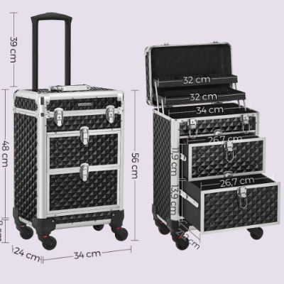 Mala de maquilhagem preta com textura geométrica e estrutura metálica