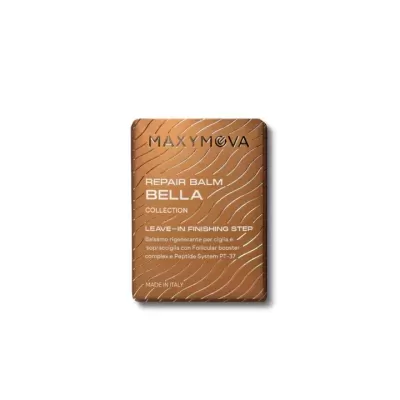 Embalagem castanha de bálsamo reparador MAXYMOVA REPAIR BALM BELLA COLLECTION com texto branco