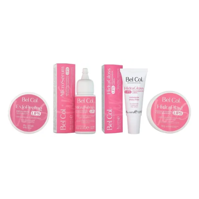 Conjunto de produtos Bel Col para cuidados labiais em embalagem rosa e branca