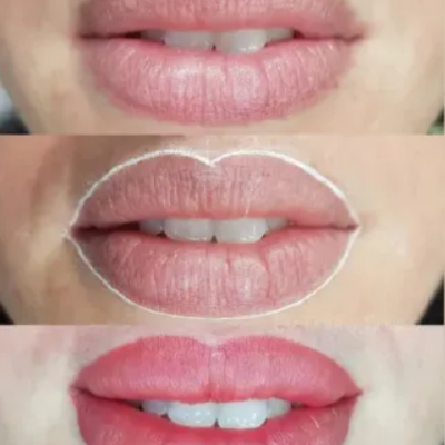 Três imagens de lábios mostrando transformação com contorno e aplicação de batom vermelho