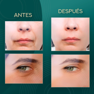 Comparação antes e depois do rosto com áreas perioral e olhos
