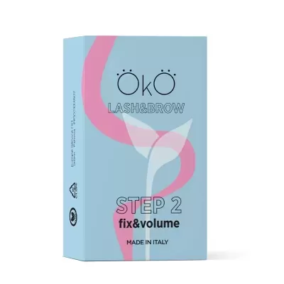 Embalagem azul claro com texto e detalhes em rosa e branco para produto ÖKO Lash&Brow Step 2