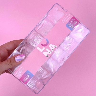 Caixa de gel tips transparentes para unhas com tampa rosa e 500 gel tips