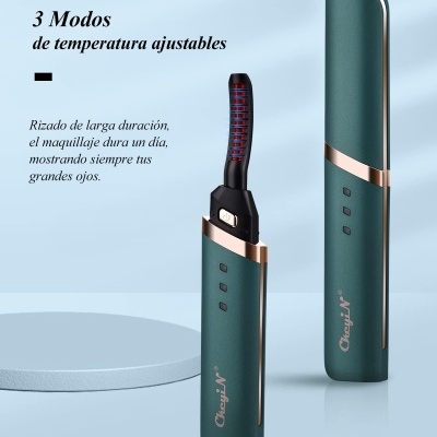 Modelador de pestanas verde escuro com detalhes dourados e texto promocional em espanhol