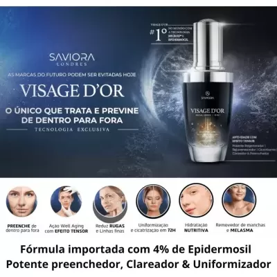Frasco do produto Visage D'or da Saviora Londres com texto promocional em fundo azul escuro
