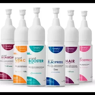 Seis frascos brancos de 5 ml com etiquetas coloridas da marca Smart, dispostos lado a lado