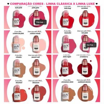 Comparação de cores entre perfumes da linha clássica e linha luxe com frascos vermelhos e tintas coloridas ao lado