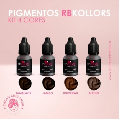 Frascos de pigmentos RB Kollors em quatro cores com texto e logotipo do Cacau Chic Shop