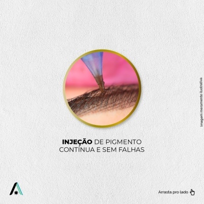 Aplicação de pigmento em pele com pelos com texto explicativo em fundo branco.