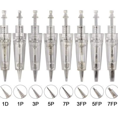 Oito cartuchos transparentes de agulhas para tatuagem com diferentes tipos e números gravados