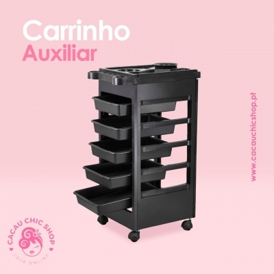Carrinho auxiliar preto com gavetas e rodas