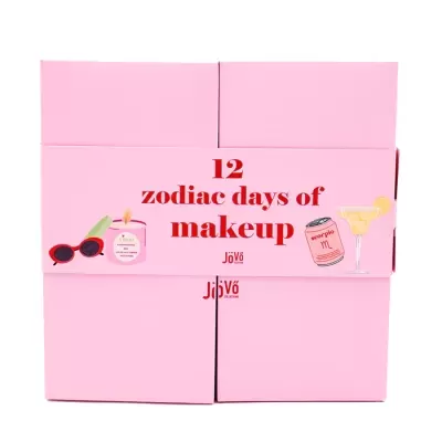 Caixa rosa com texto 12 zodiac days of makeup e desenhos de óculos, perfume, vela e cocktail