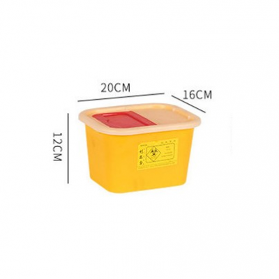 Caixa amarela de plástico com tampa e etiquetas de segurança