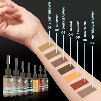 Amostras de cores de henna no braço com frascos etiquetados