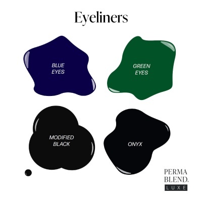 Amostras coloridas de eyeliners com texto descritivo e logotipo.