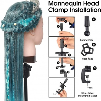 Cabeça de manequim azul com tiara e instruções de montagem de braçadeira