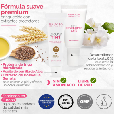 Produtos de tintura para sobrancelhas Rewata Beauty com texto e certificações