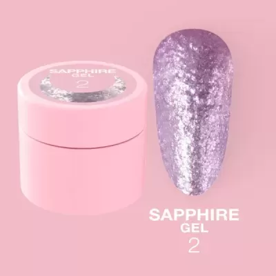 Gel para unhas SAPPHIRE GEL 2 em embalagem rosa com amostra de cor lilás brilhante glitter