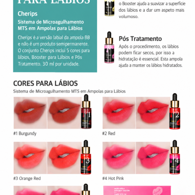 Ampolas de produtos para lábios Cherips com diferentes cores e indicação de uso