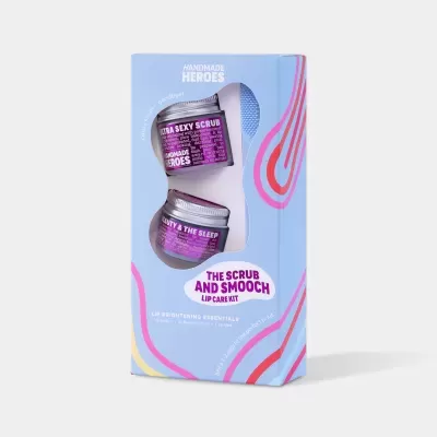 Kit de cuidado labial azul com dois frascos roxos e escova azul