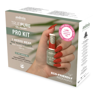 Caixa do kit de verniz gel Andreia True Pure Pro Kit com mão com unhas vermelhas