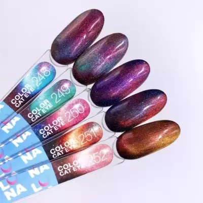 Amostras de verniz de unhas Color Cat Eye 248 a 252 com efeito brilhante multicolorido.