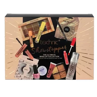 Conjunto de maquilhagem Technic Showstopper com várias peças coloridas em embalagem preta e bege.