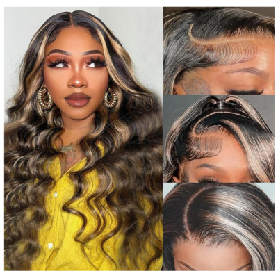 Mulher com cabelo longo ondulado e mechas loiras e detalhes do cabelo