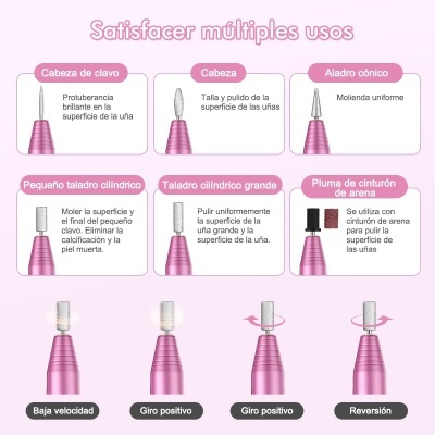 Ferramentas rosas para unhas com descrições e modos de operação